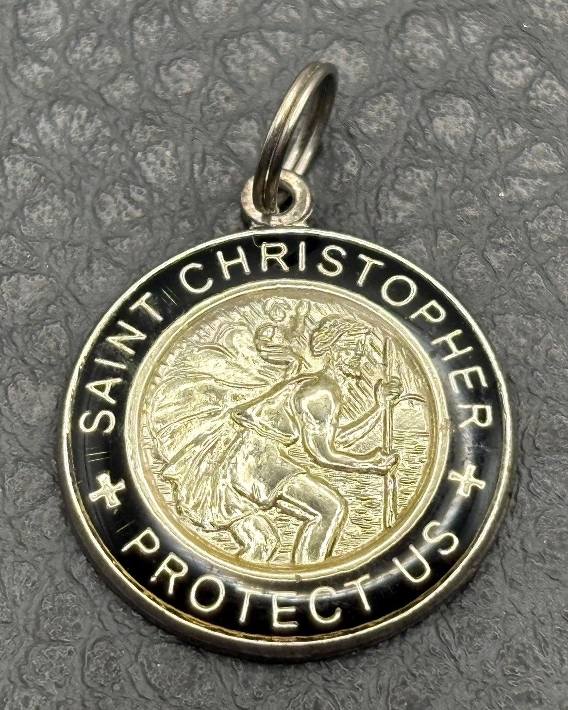 Saint Christopher Protect Us Two-Tone Enamel Medal Pendant Silver Plate