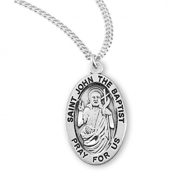 St. John the Baptist Sterling Silver Oval 0.9″ Medal, Gift Box, 20″ Chn, US Made