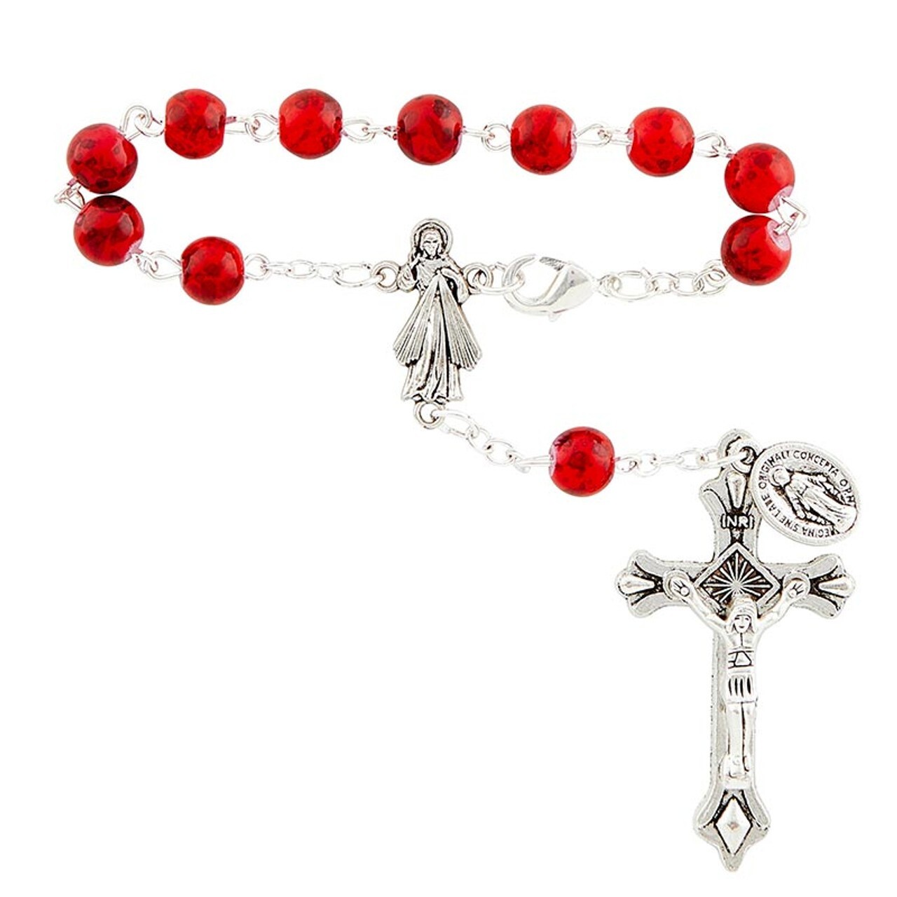 Divine Mercy Auto Rosary – Red Beads – Silver metal
