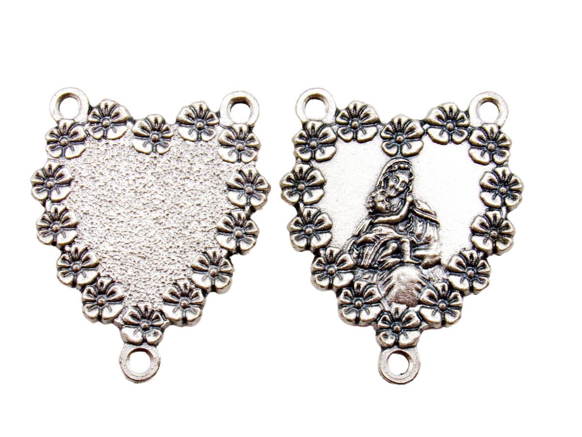 Silver Tone Lot of 3 Madonna and Child Floral Medal Rosary Center 1.25 In