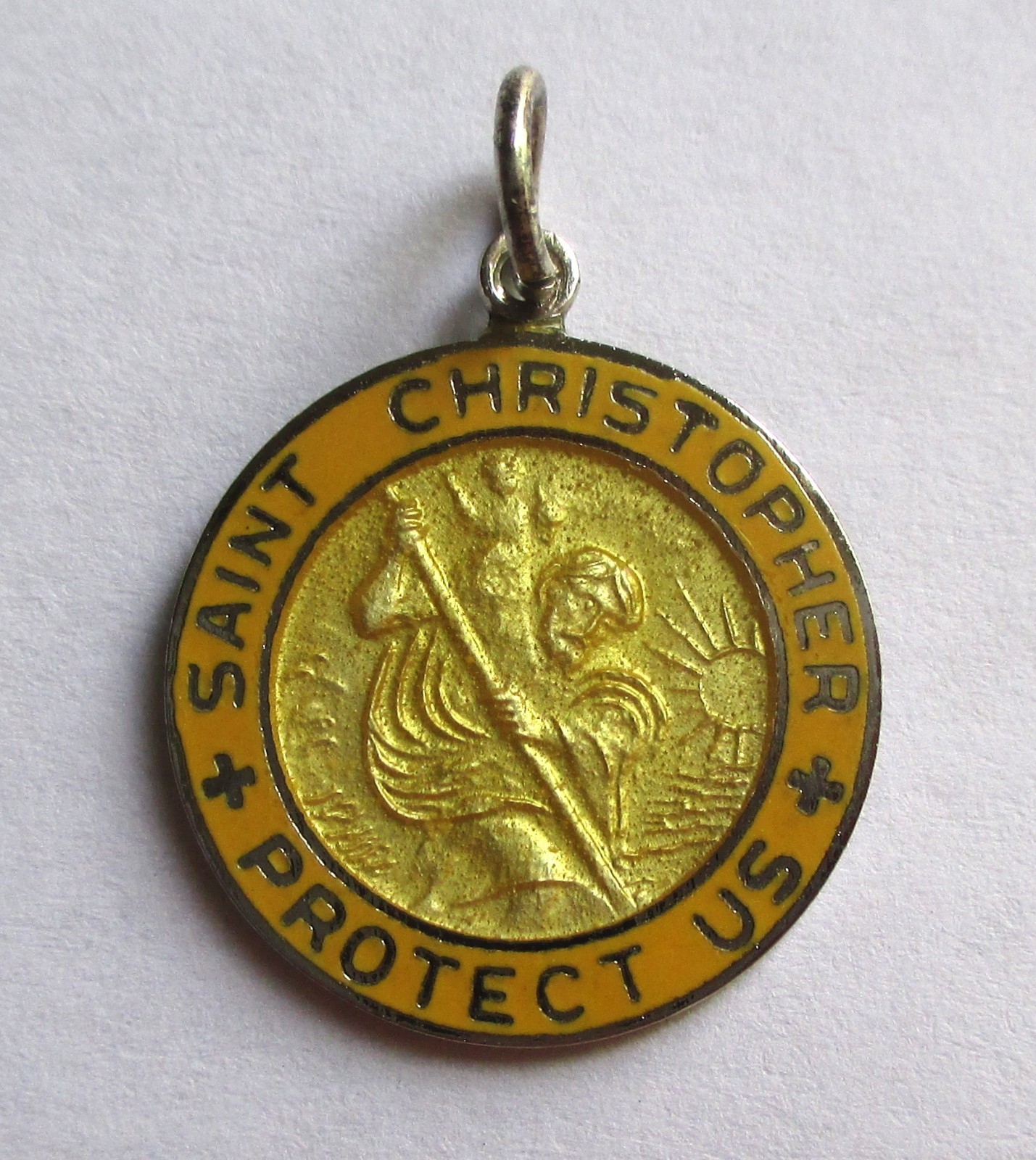 7/8in VINTAGE STERLING SILVER YELLOW ENAMEL SAINT CHRISTOPHER MEDAL PENDANT