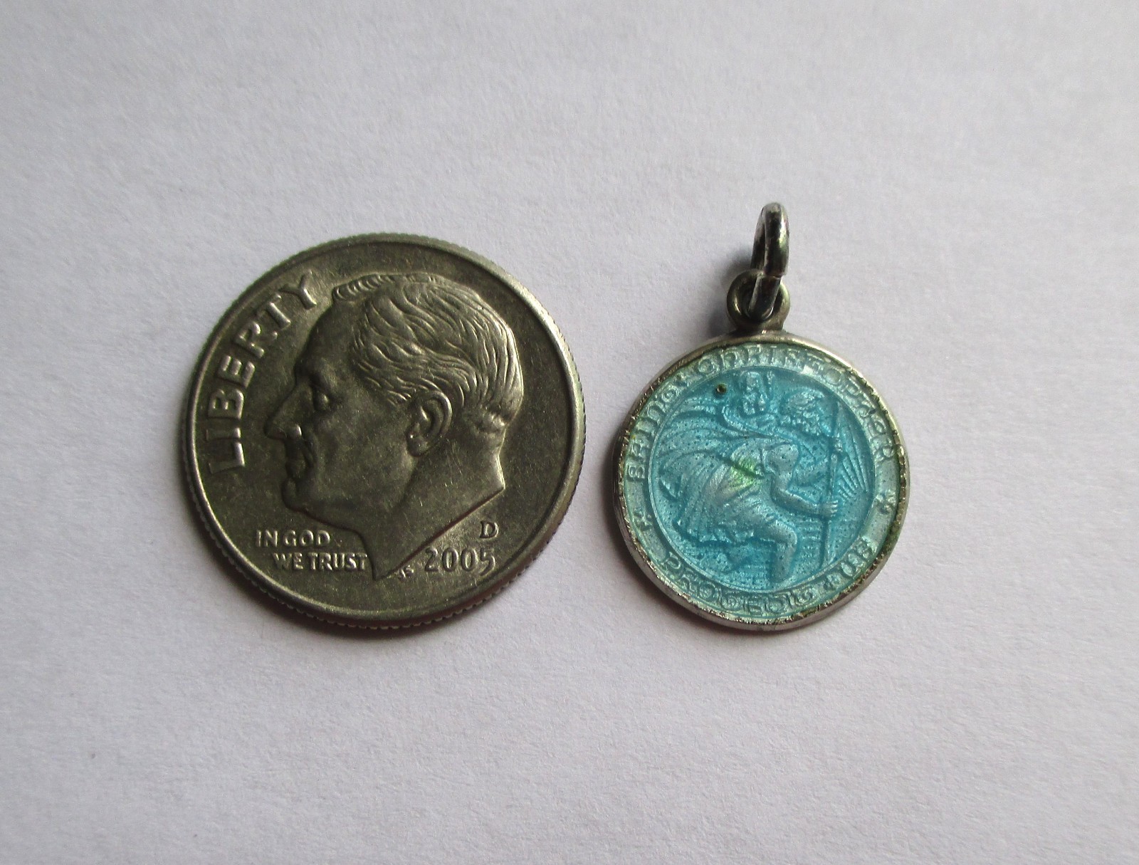 5/8in TINY VINTAGE STERLING SILVER BLUE ENAMEL SAINT CHRISTOPHER MEDAL CHARM