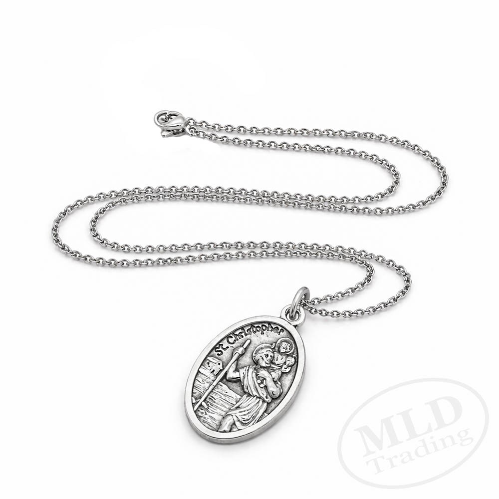 Saint St Christopher Protect Us Oval Silver Medal Pendant Necklace 18″ Chain
