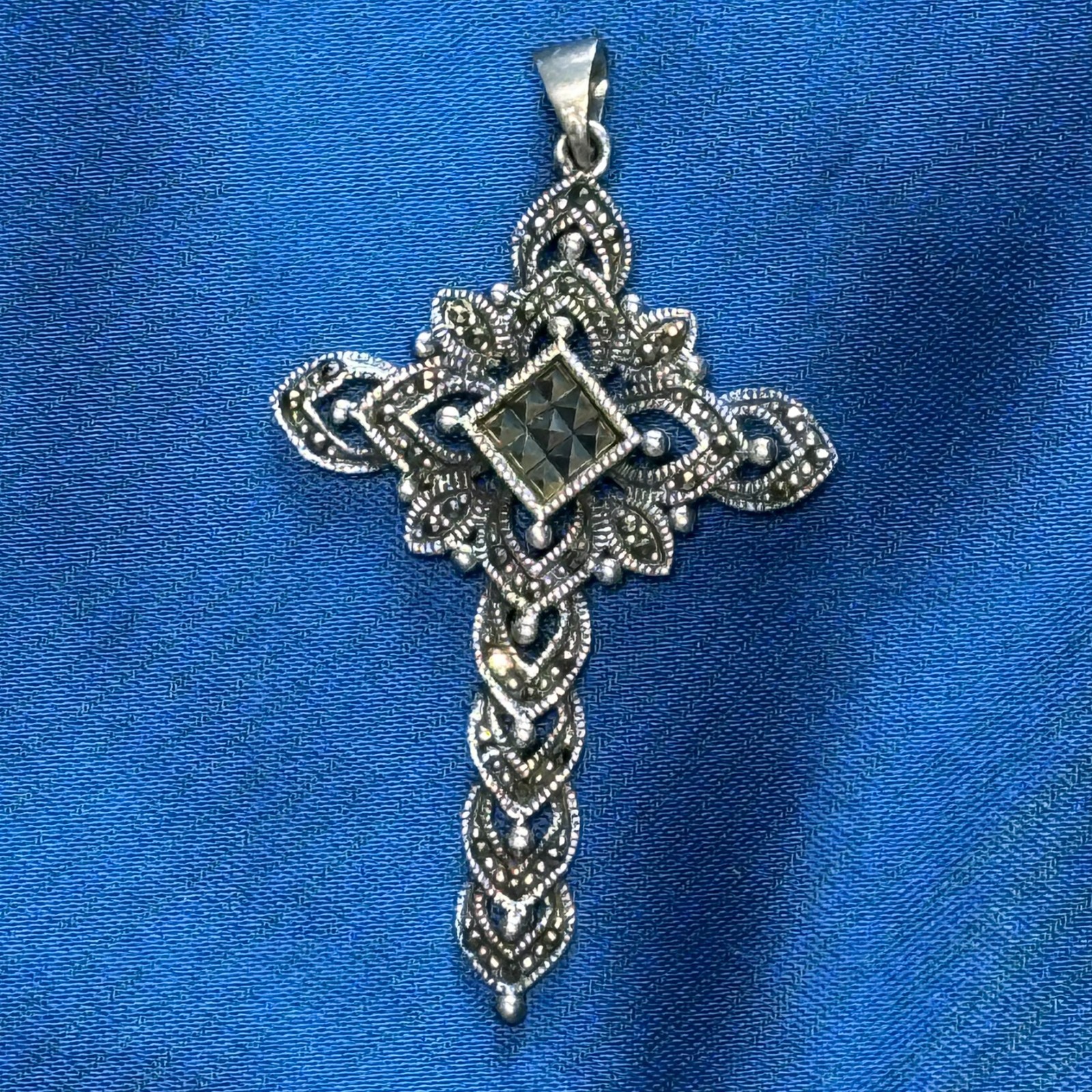 Vintage 925 Sterling Silver Marcasite Cross Pendant 54mm 6.6g Italy Christianity