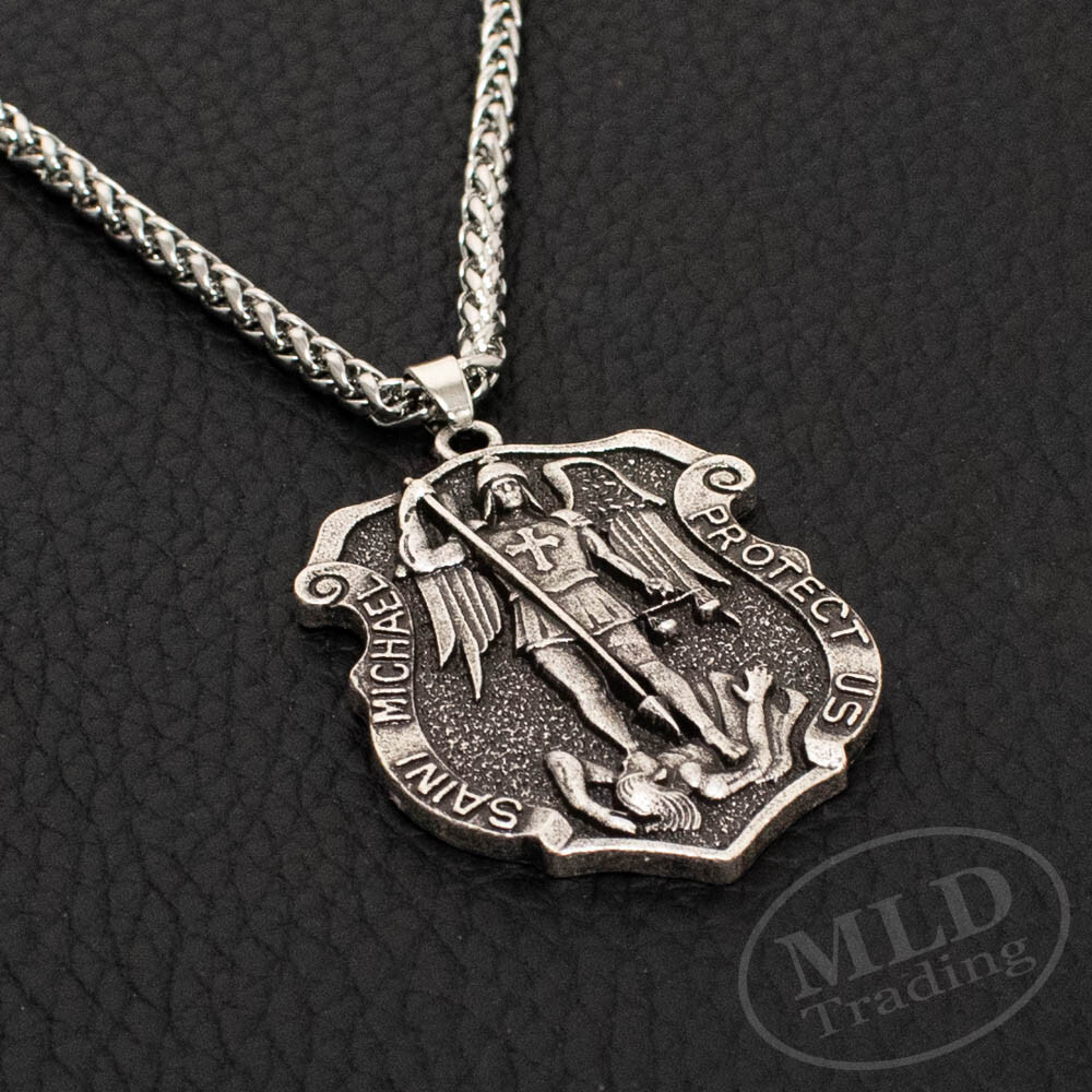 Large Saint St Michael Medal Shield Badge Pendant Necklace w Strong Spiga Chain