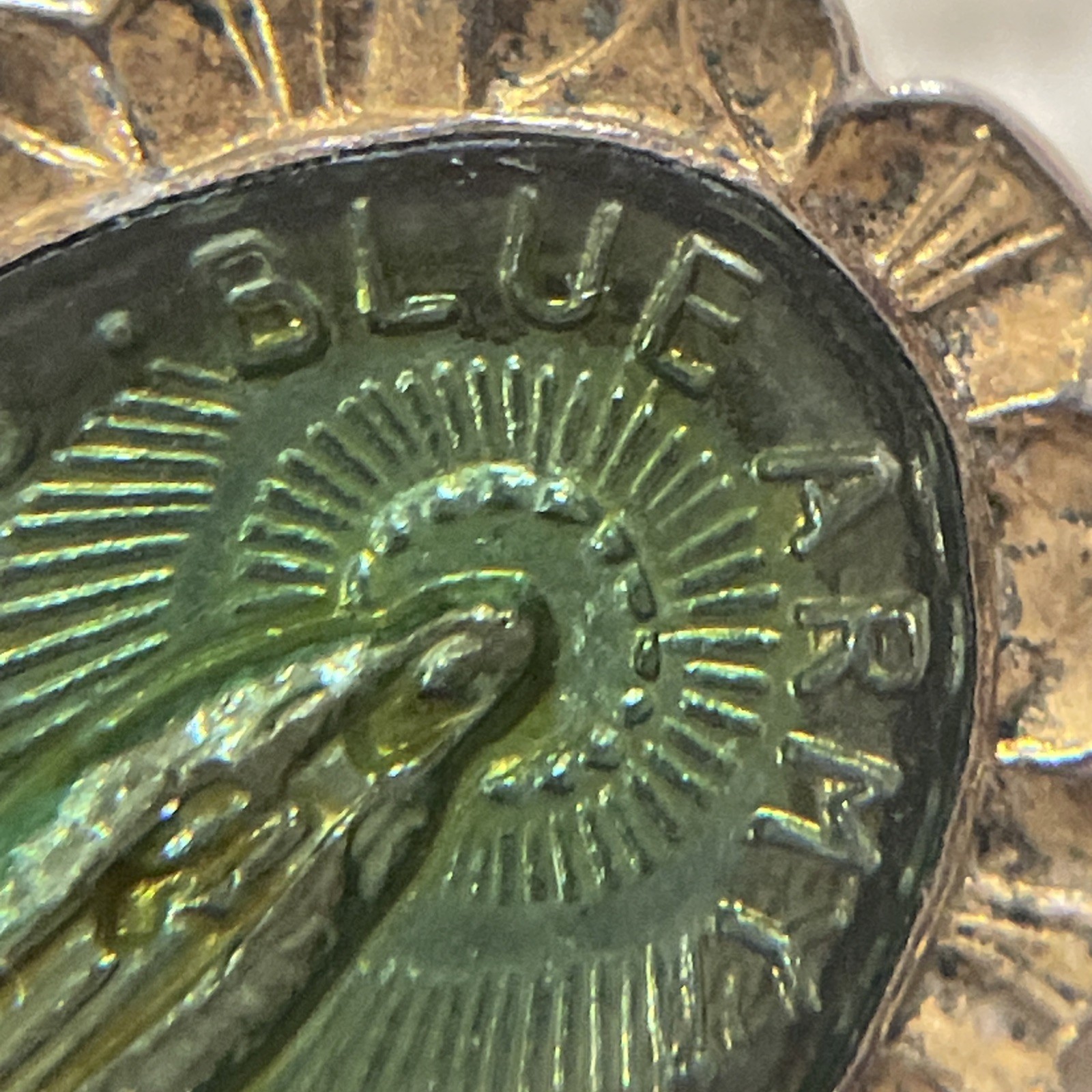 Vintage Religious Gold Toned Blue Army Our Lady of Fatima Pin Brooch