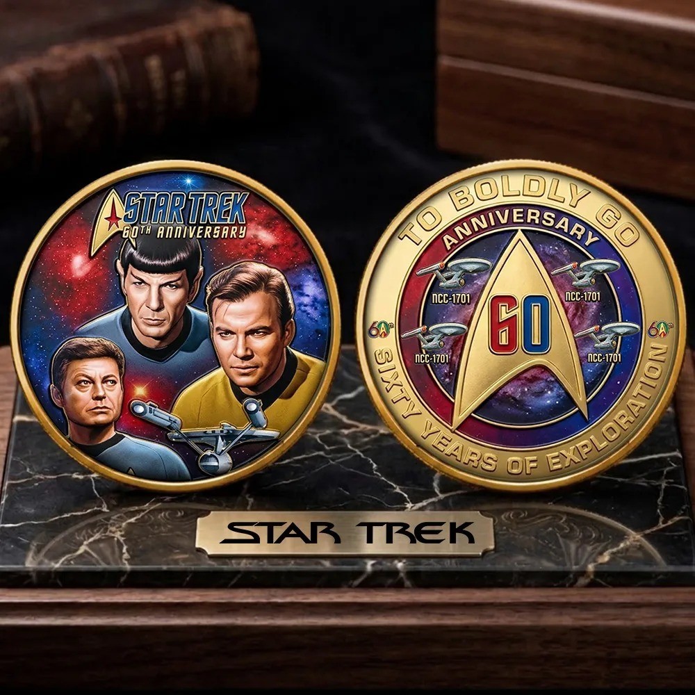 Star Trek 60th Anniversary Coin 2026 Kirk Spock McCoy Gold Challenge Coin
