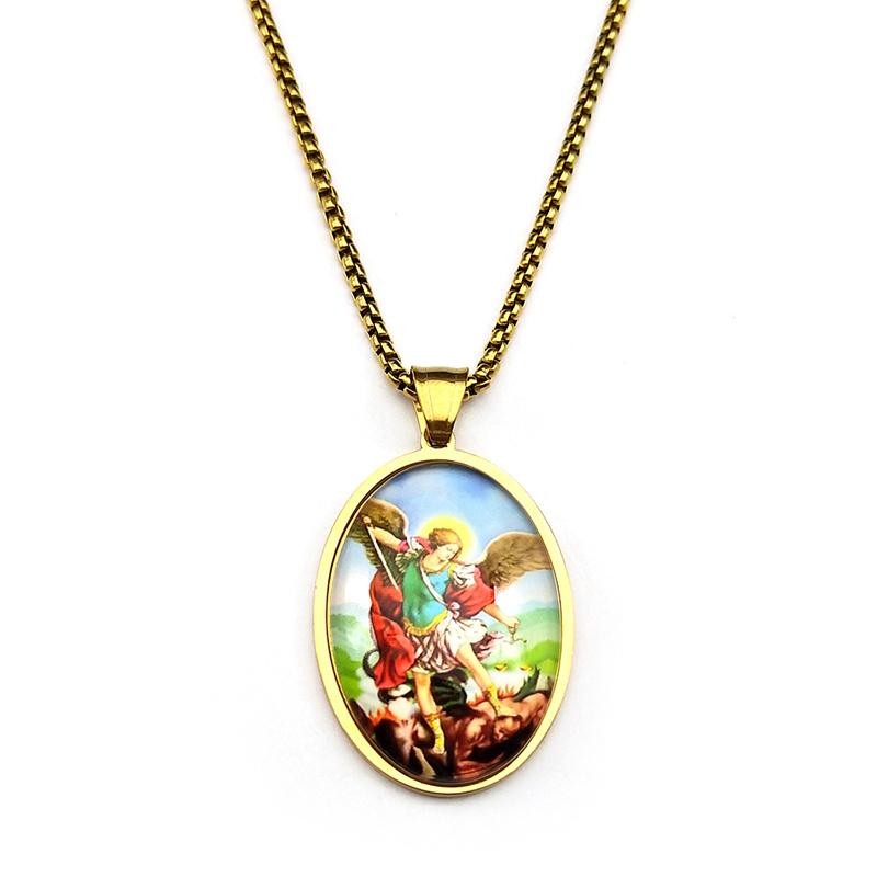 Gold Saint Michael Protect Us Medal Necklace Stainless Steel Archangel Gift