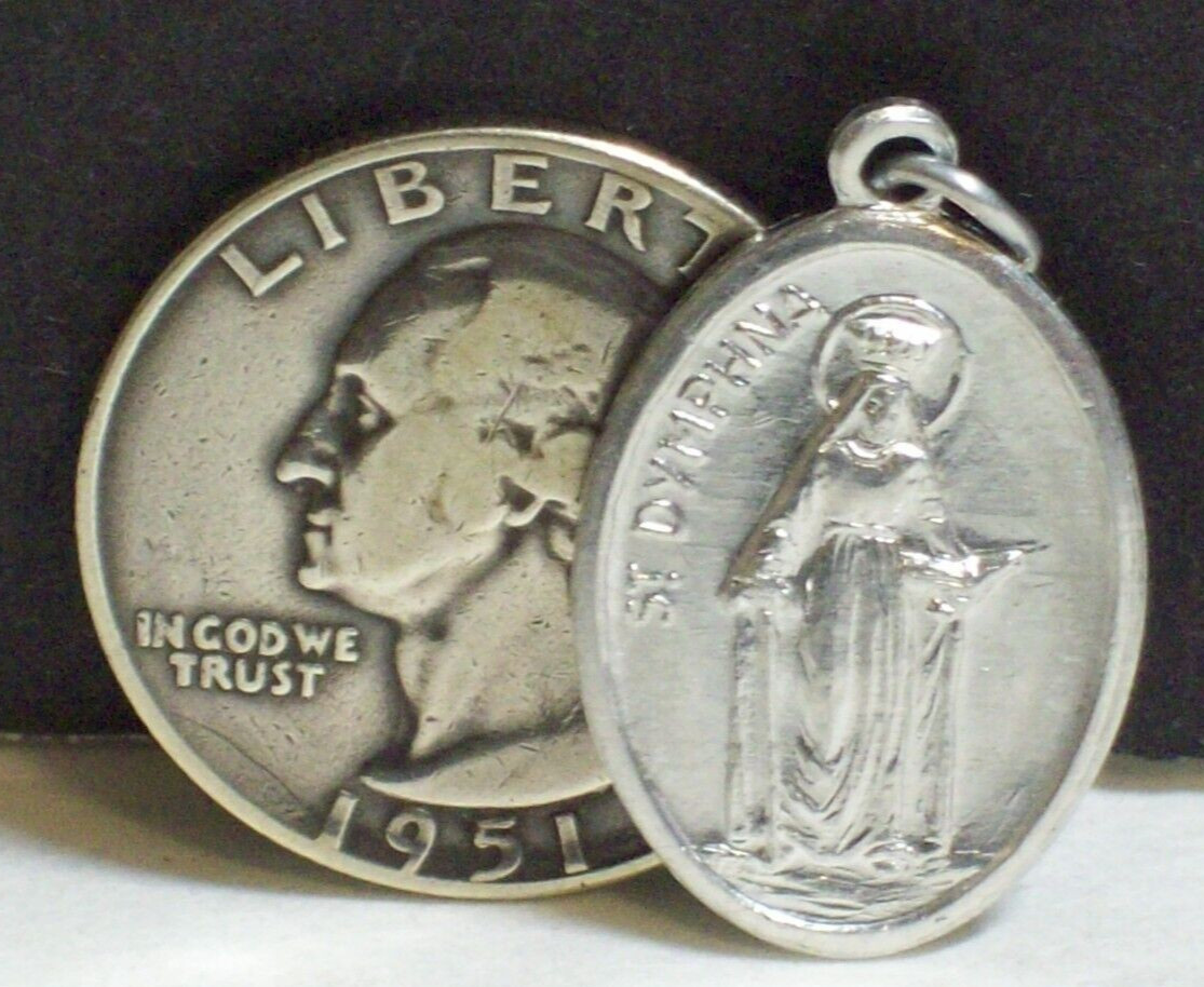 Vintage St Dymphna Medal Saint Pray For Us Oval Silver Tone Pendant Italy Faith