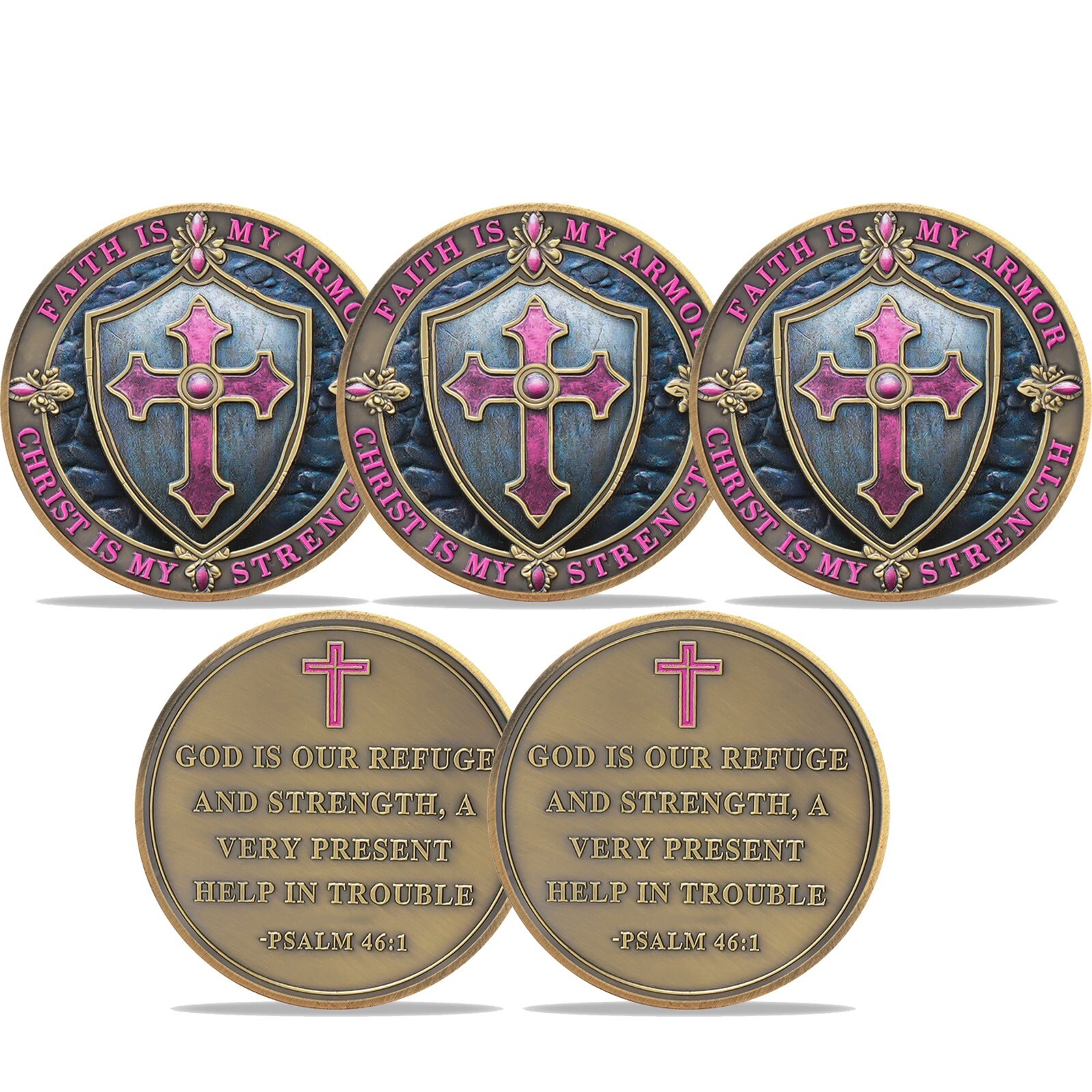 5Pcs Christian Challenge Coin – Cross Faith – Psalm 46: 1 Bible Verse Faith Gift