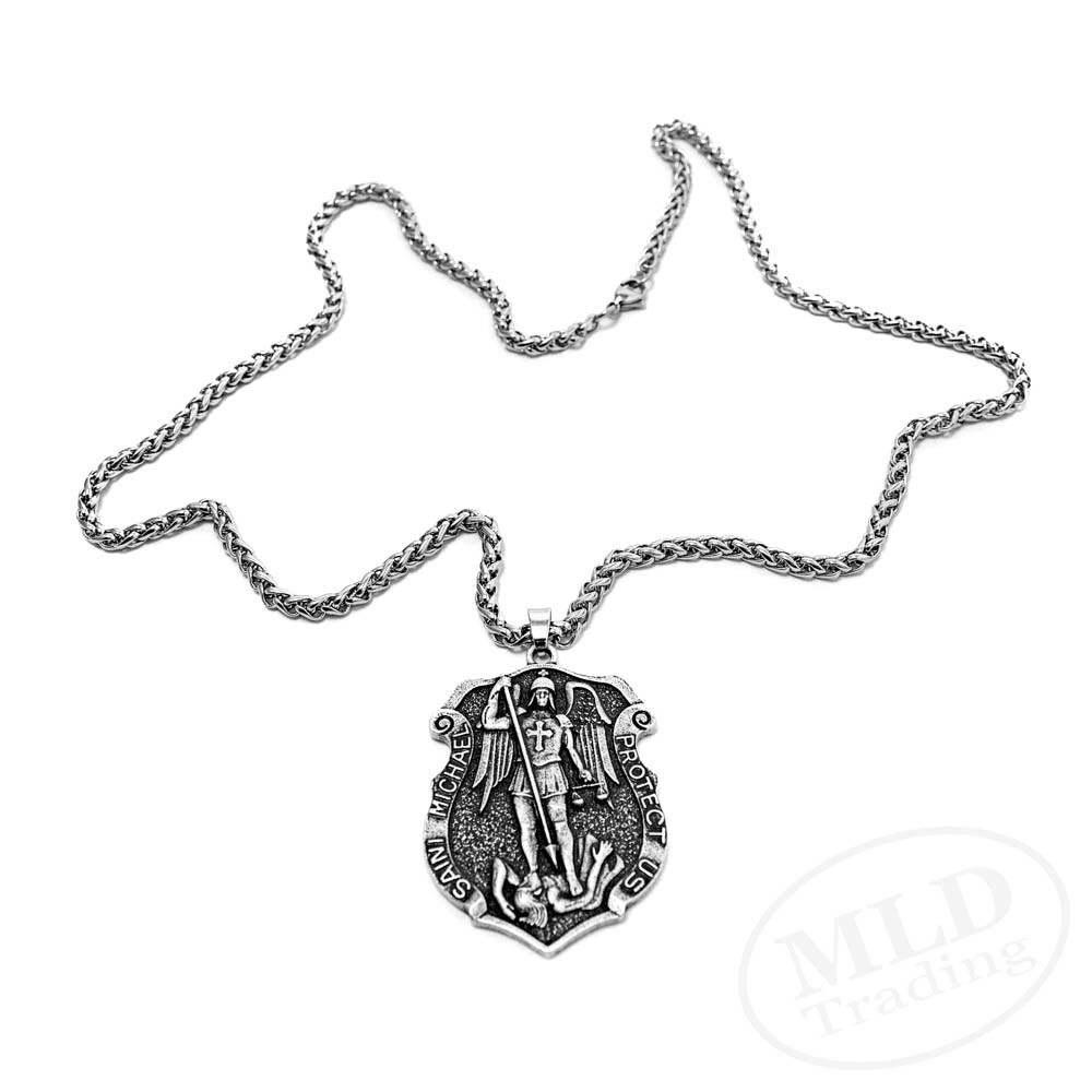 Large Saint St Michael Medal Shield Badge Pendant Necklace w Strong Spiga Chain