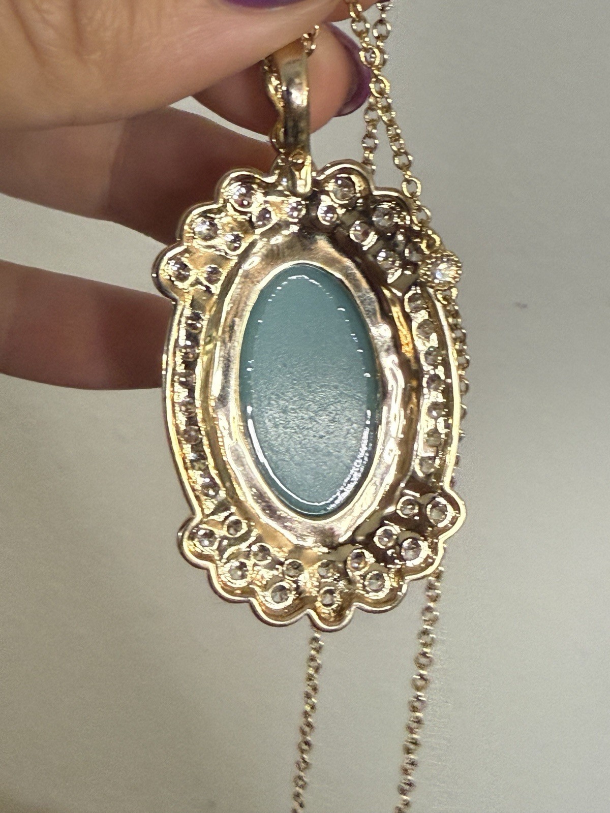 Cameo Jewel Framed Gold Toned Sky Blue & White Pendant Necklace Thailand