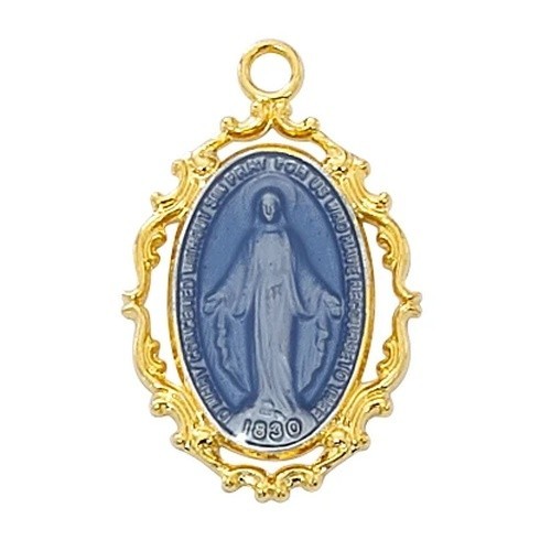 Gold Plated Sterling Silver Medal Miraculous Mary Blue Epoxy Pendant With Chain