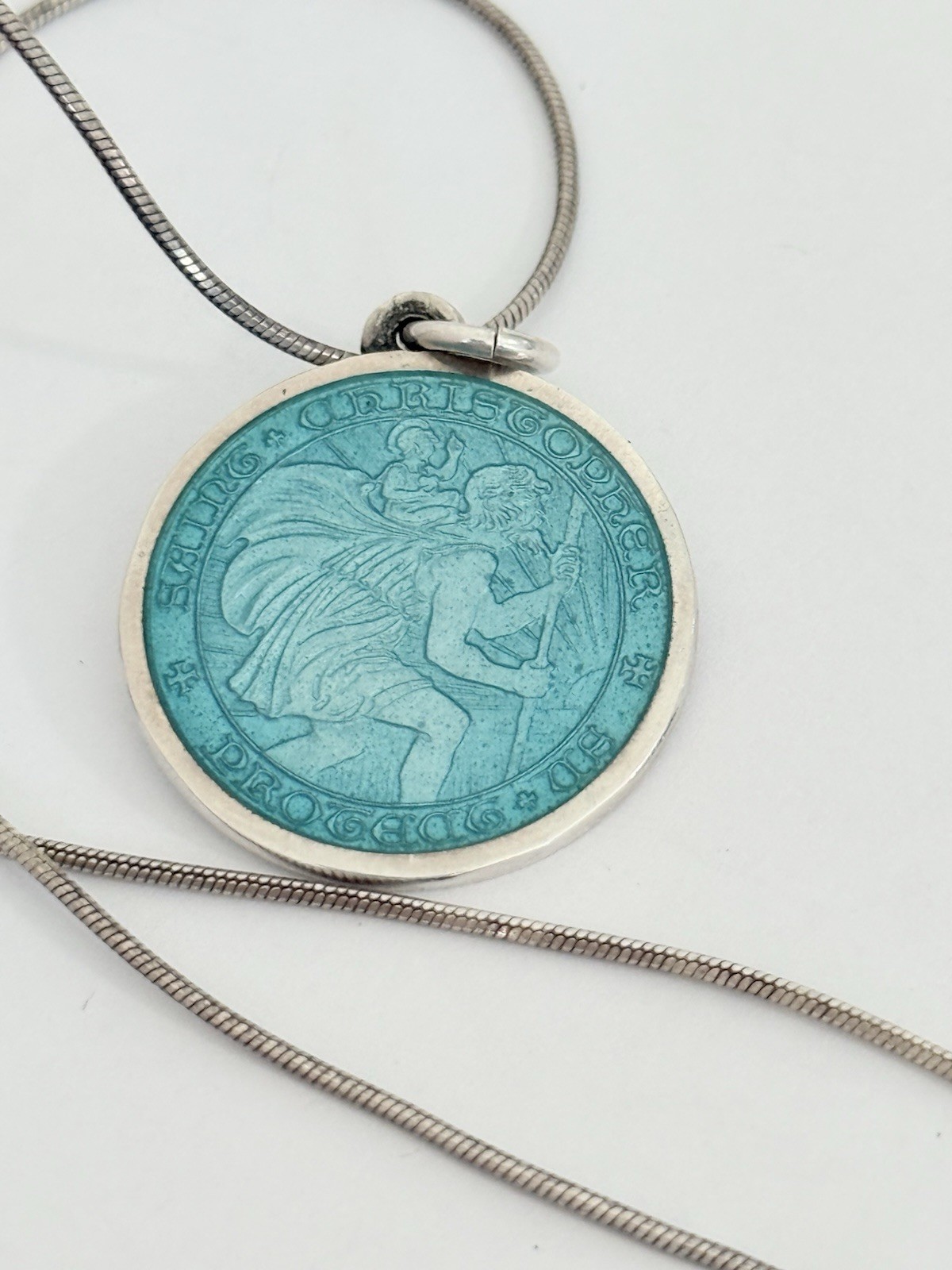 Charles Thomae St Christopher Sterling Silver Blue Enamel Medal Pendant Necklace