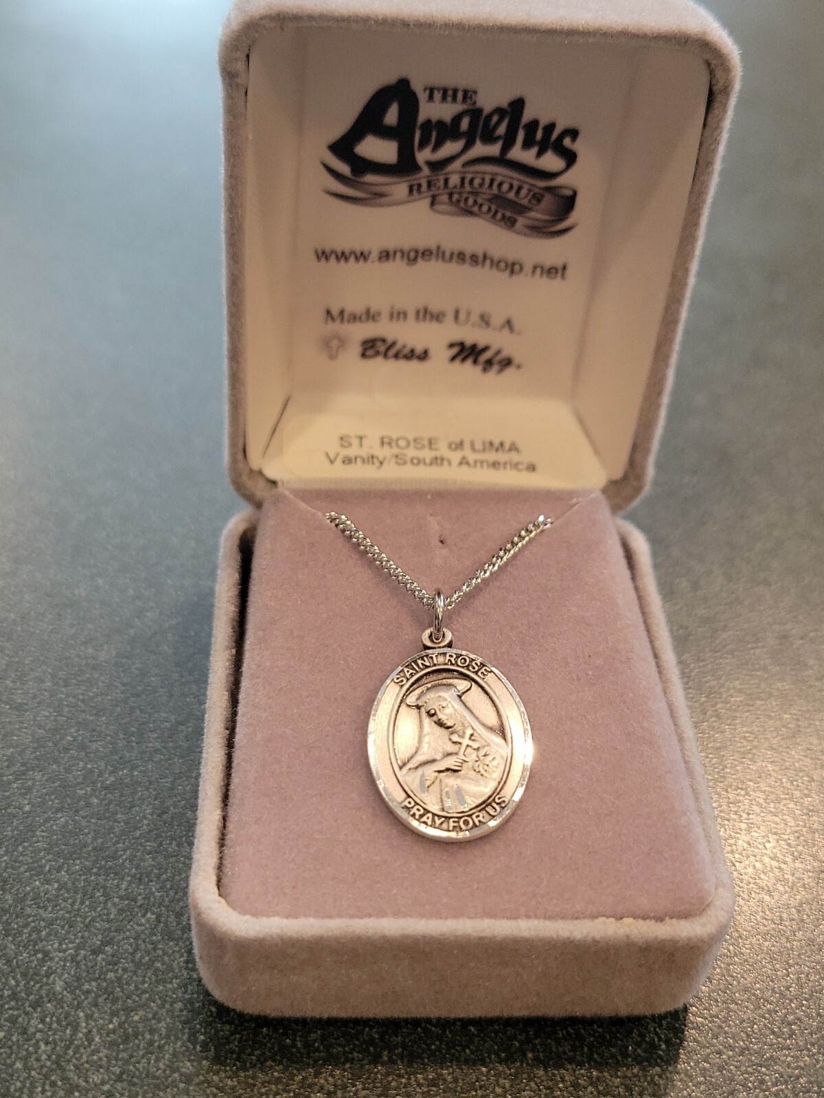 Bliss Sterling Silver Saint Rose of Lima Medal Pendant Necklace In Box 18″ Long