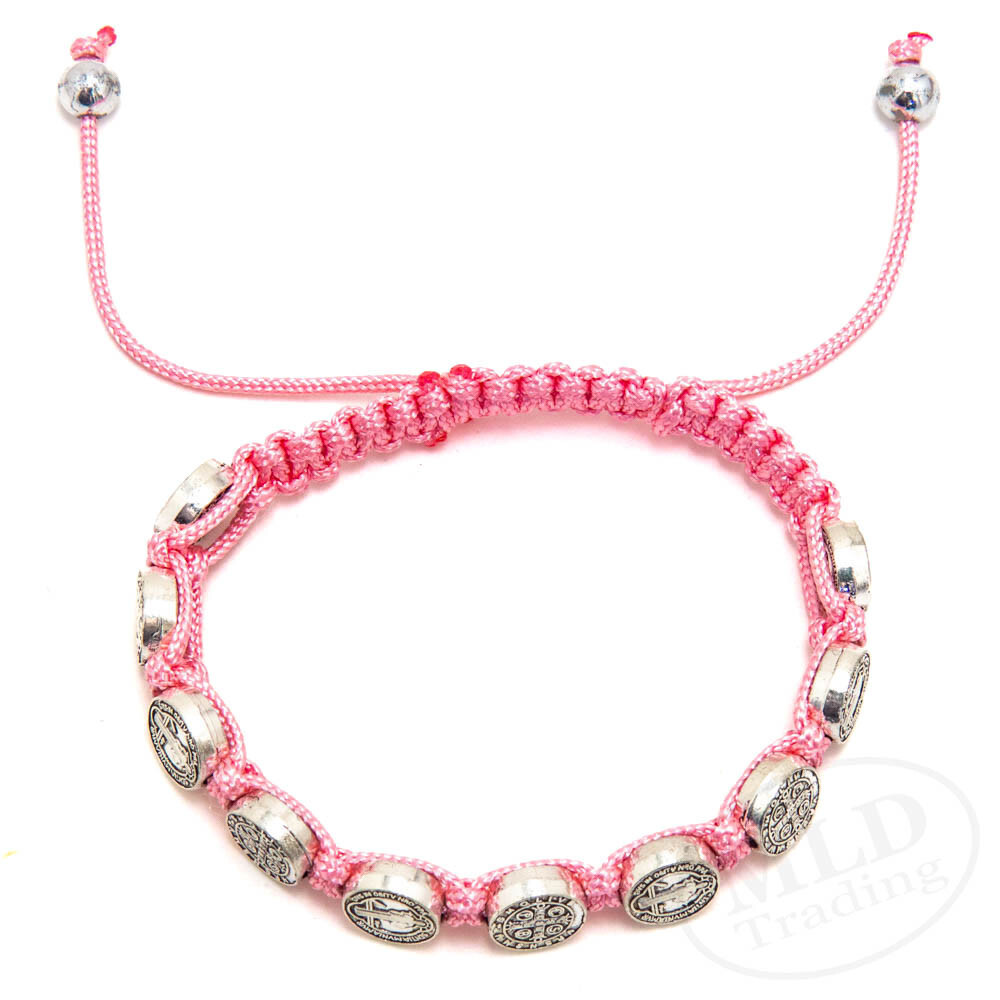 Pink Macrame Saint St Benedict Medal Cord Bracelet – Adjustable, 10 Medals