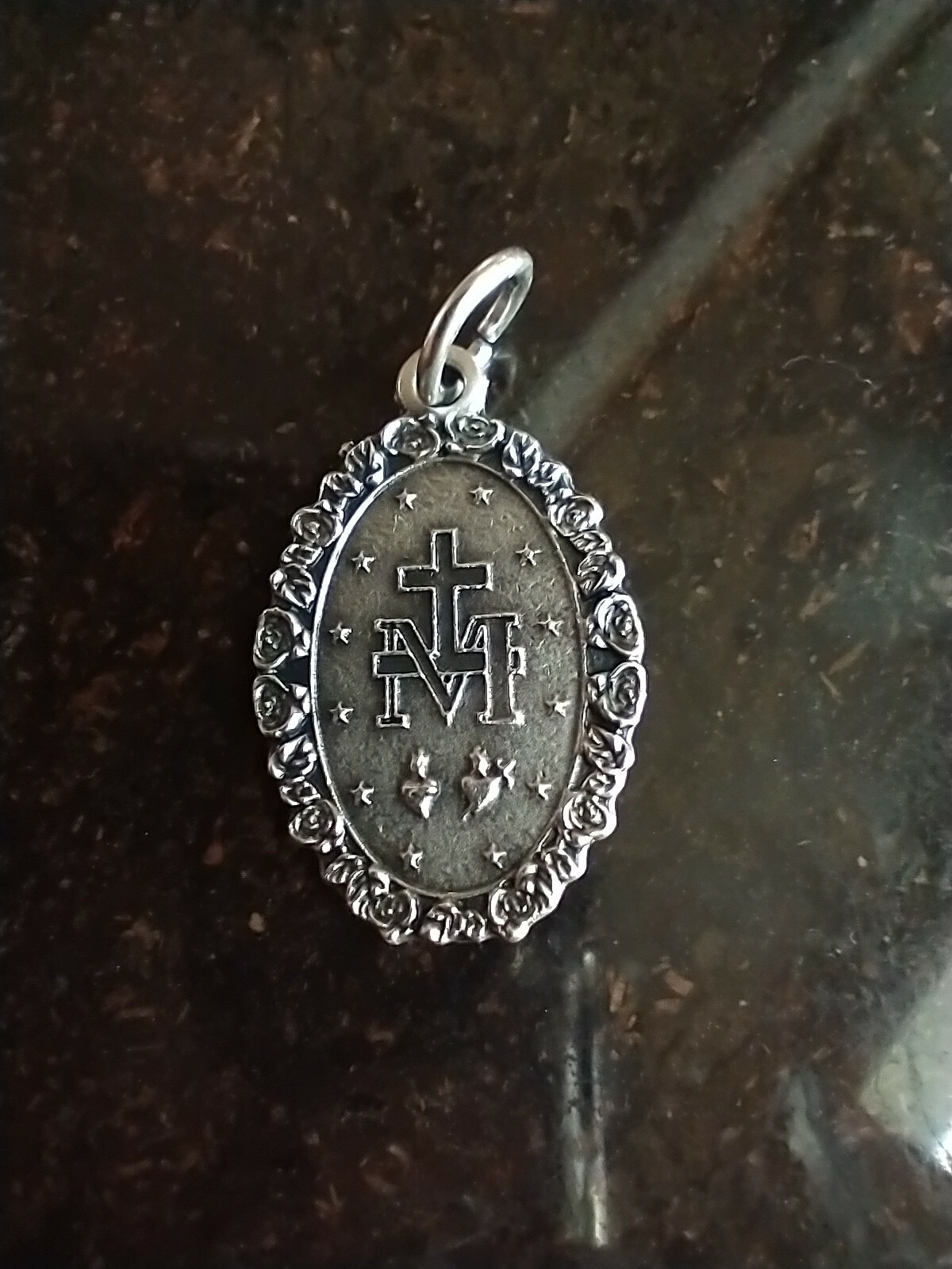 Catholic Silver Tone Miraculous Medal Rose Border Latin 1″
