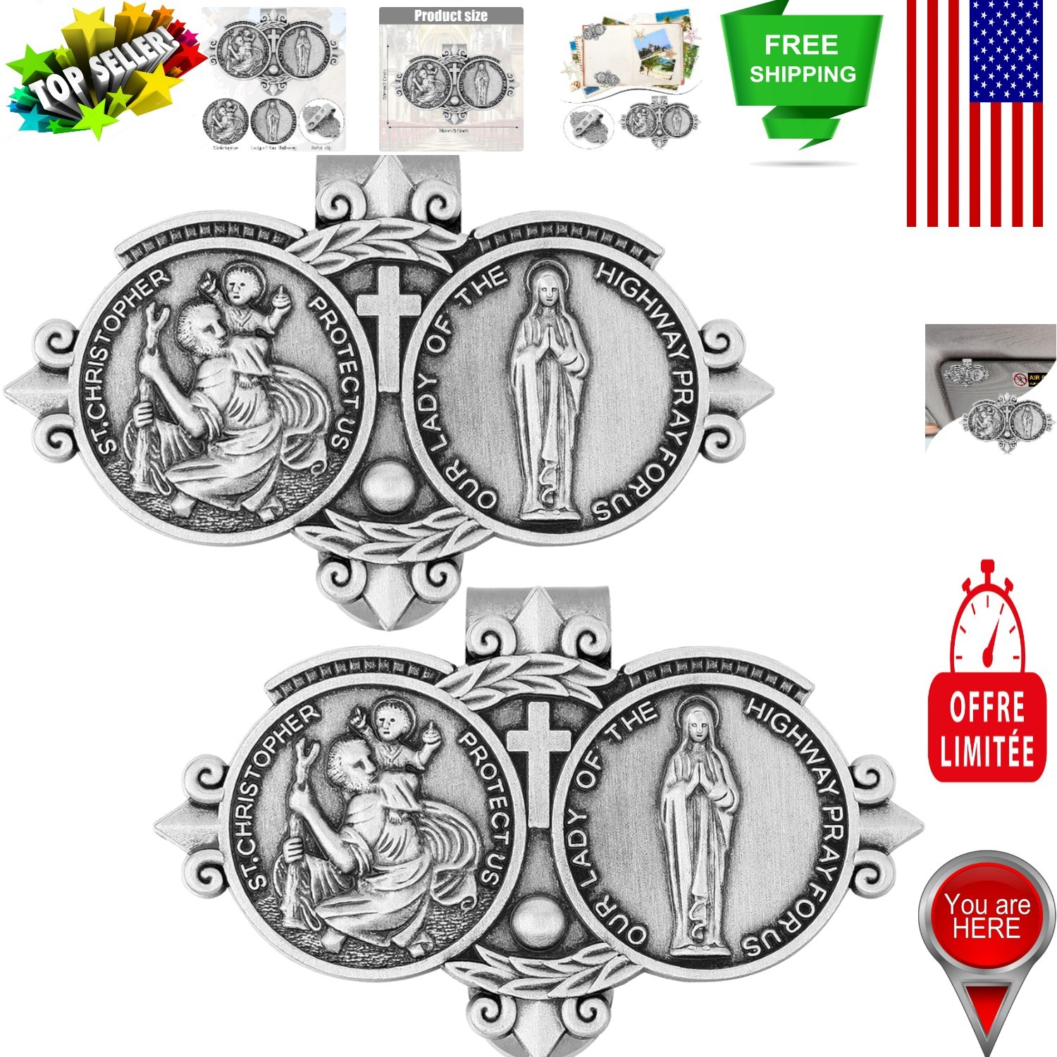 Classic Silver Visor Clips Set with St Christopher for All Vehicle Types
