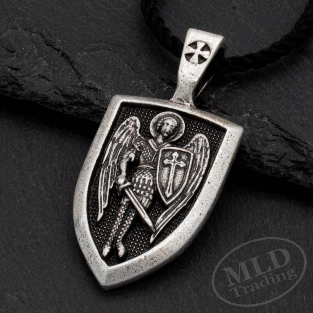 Saint St Michael Shield Medal Pendant Necklace, Antiqued Silver Zinc Alloy