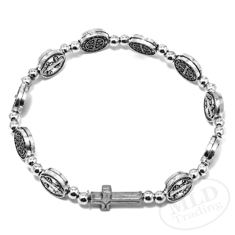 Silver Saint St Benedict Medal Cross Rosary Bracelet Pulsera De San Benito