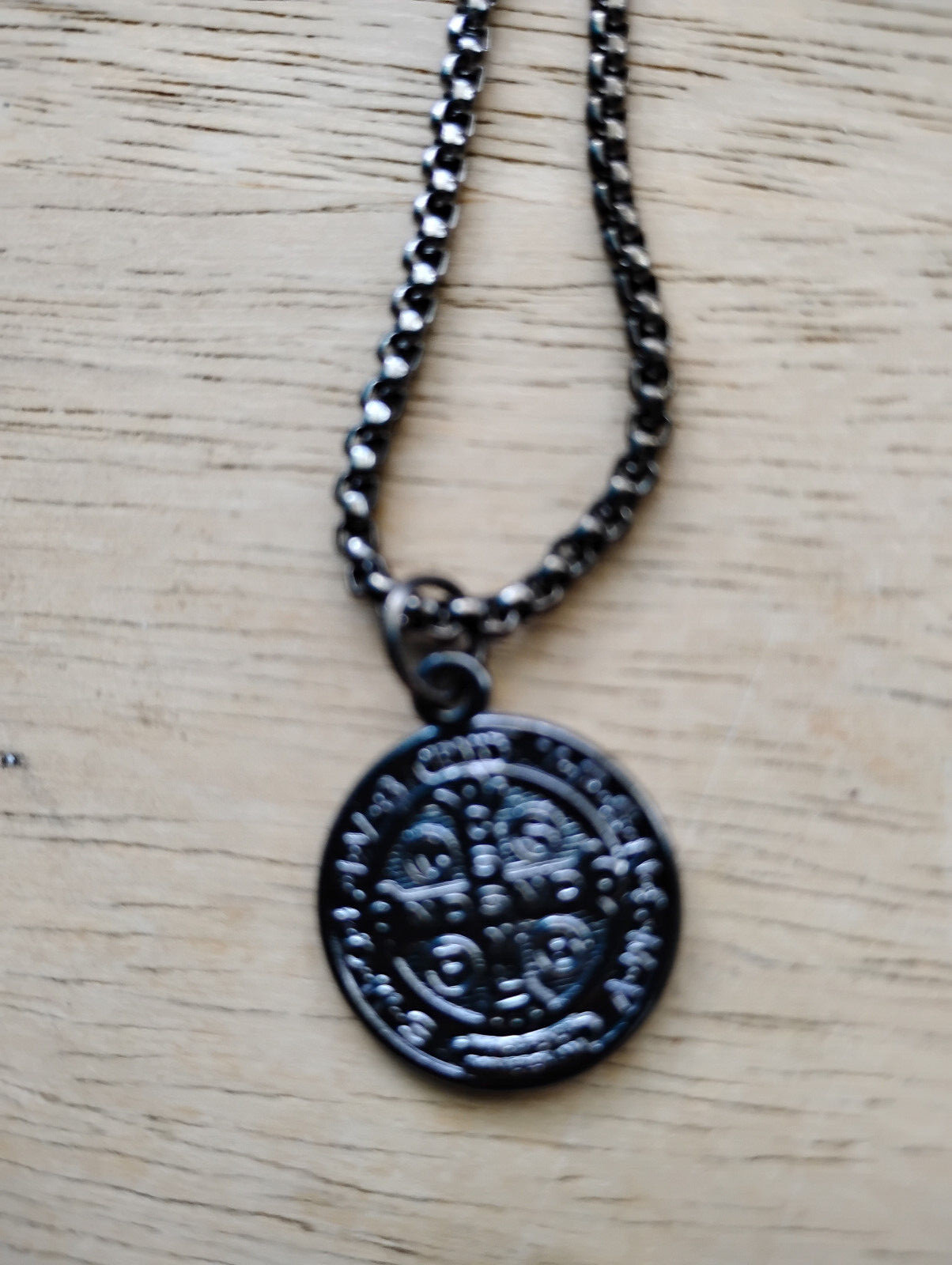 Italian Black Gunmetal St Benedict Medal Necklace Stainless steel Rolo Box Chain