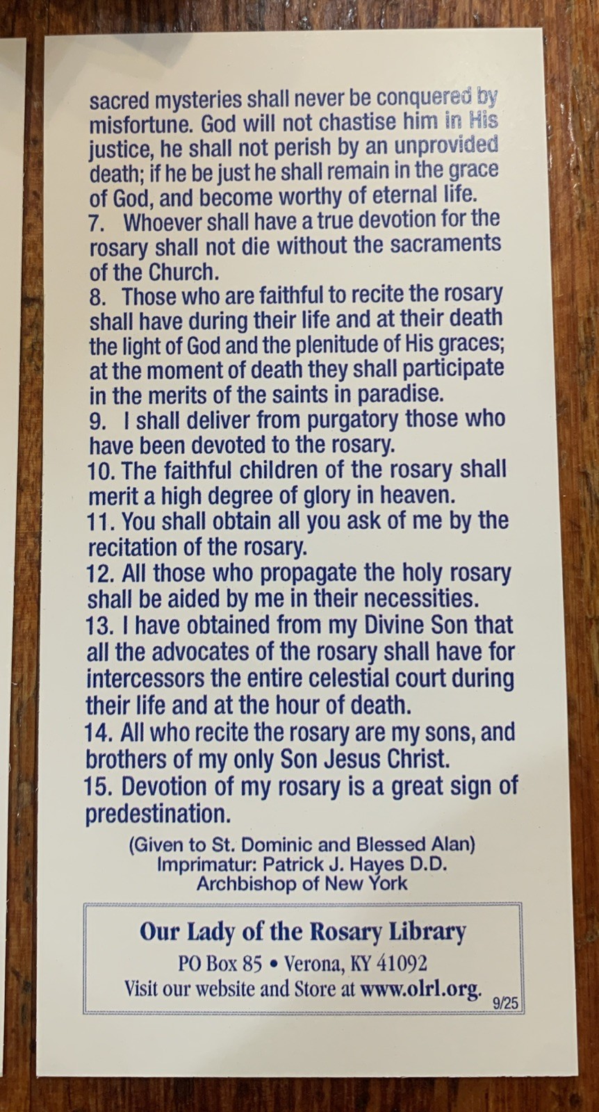 Lot Of 100 Fifteen Promises Christians Rosary Devotion Catholic Holy Card