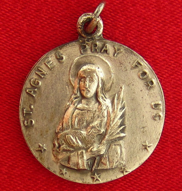 Vintage Sterling SAINT AGNES Medal Religious Catholic HOLDING LAMB HMH Pendant