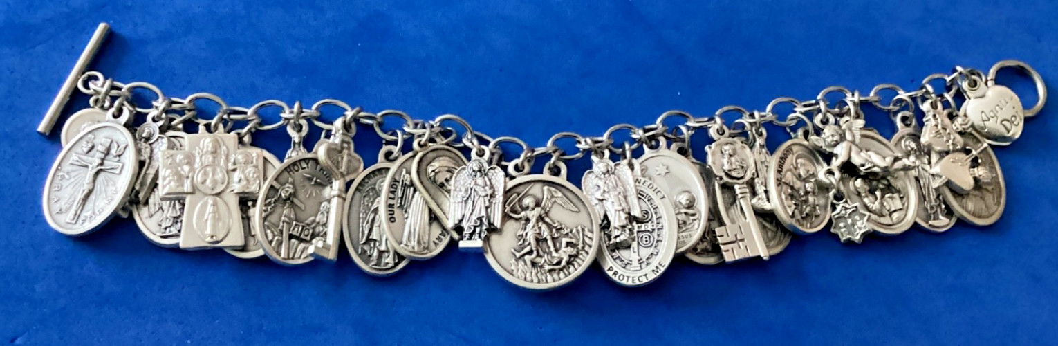 Custom Religious Saint Medal Charm Bracelets Lot Archangels Michael Raphael 7.5”