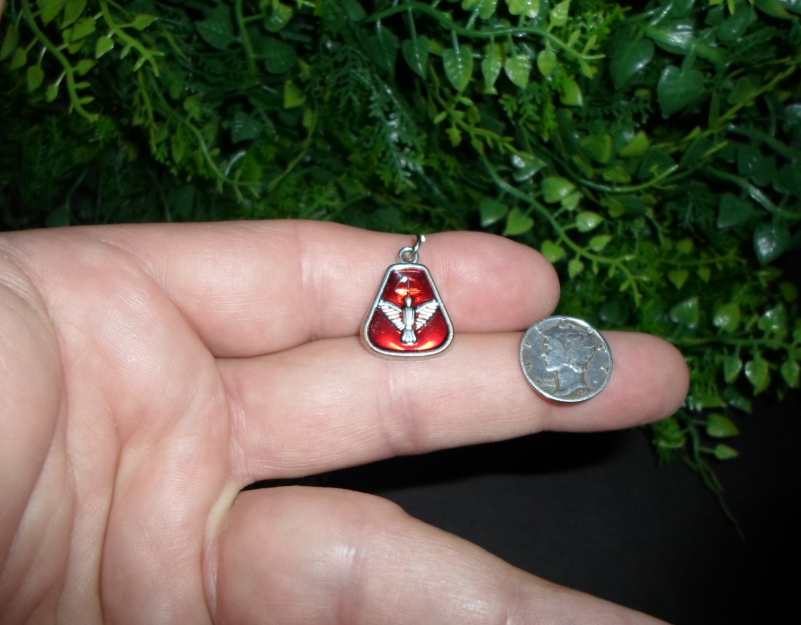 Vintage red enamel – ASCENDING HOLY SPIRIT – dove bird – Catholic pendant MEDAL
