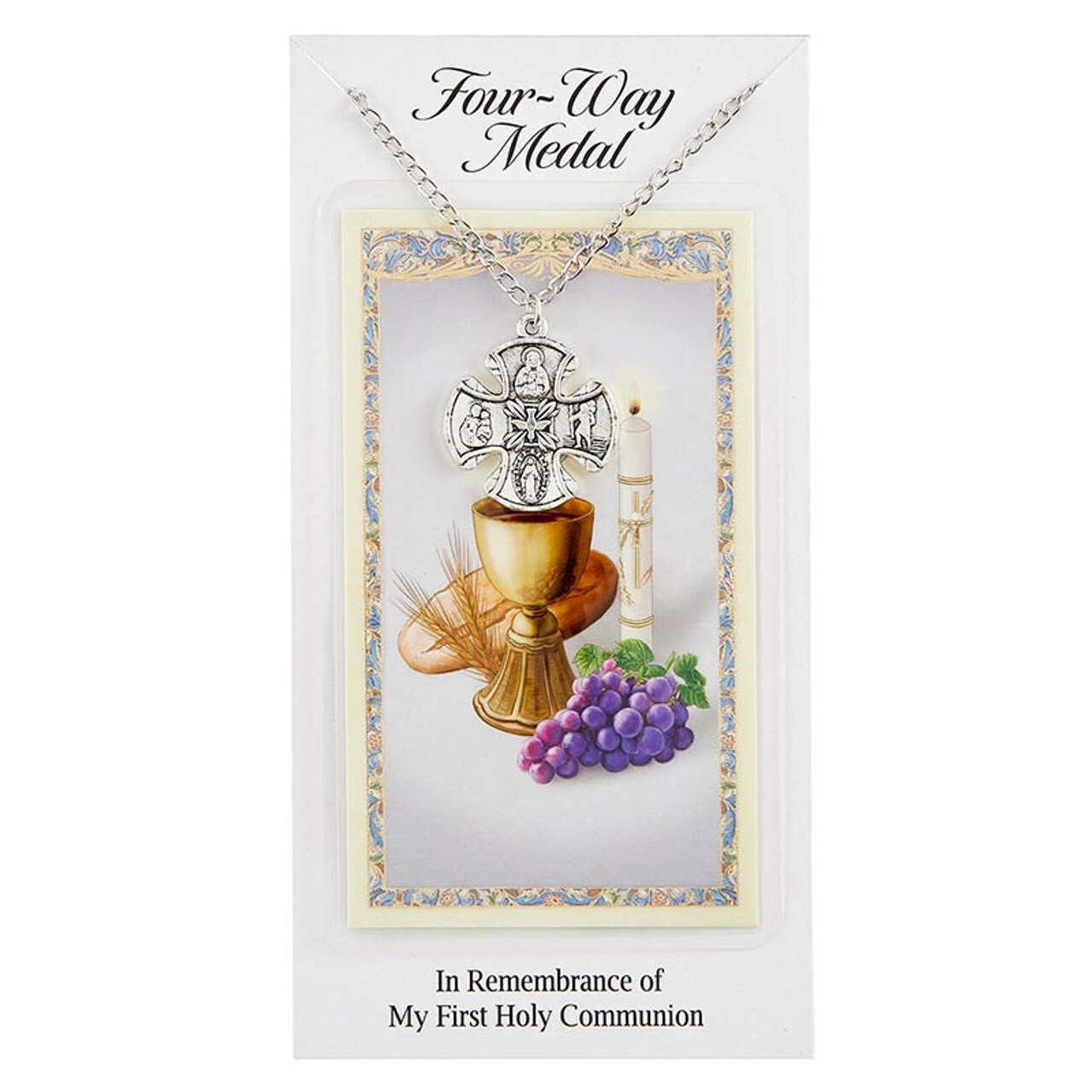 Catholic Four-Way Medal Pendant and Holy Card Set – First Communion Gift