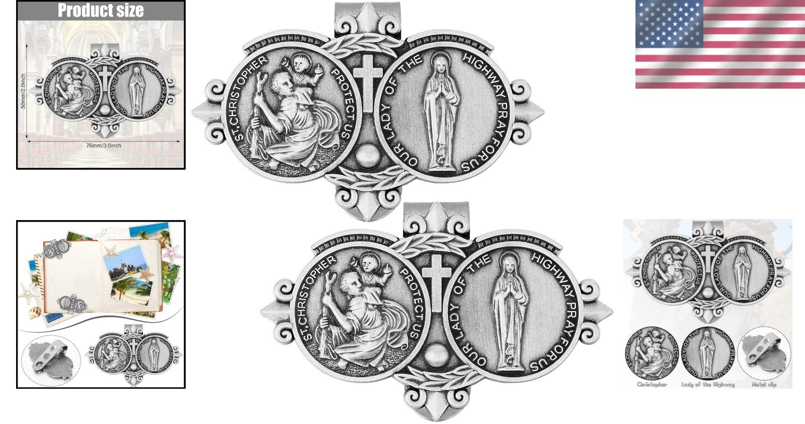Classic Silver Visor Clips Set with St Christopher for All Vehicle Types