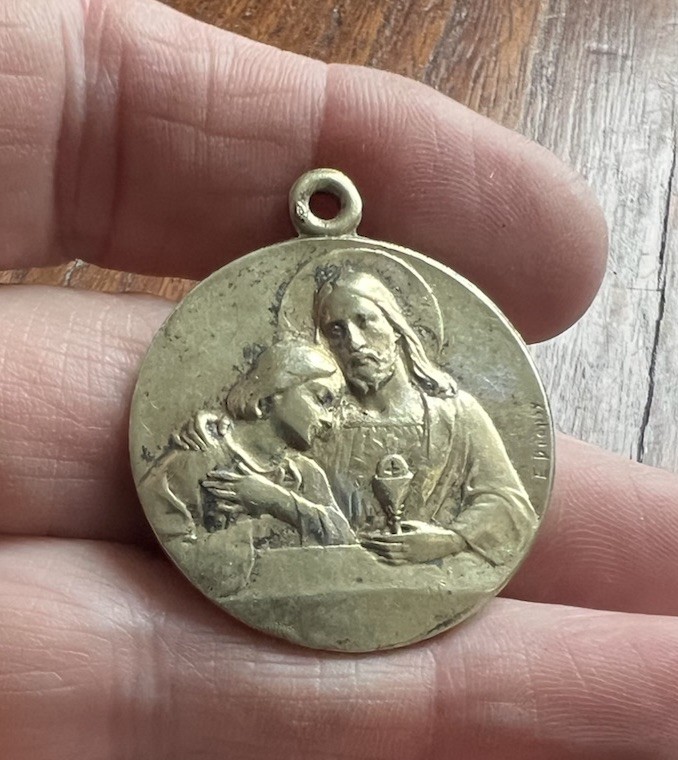 French Antique First Communion 1¼” Medal Pendant Jesus St. John Gold Brass