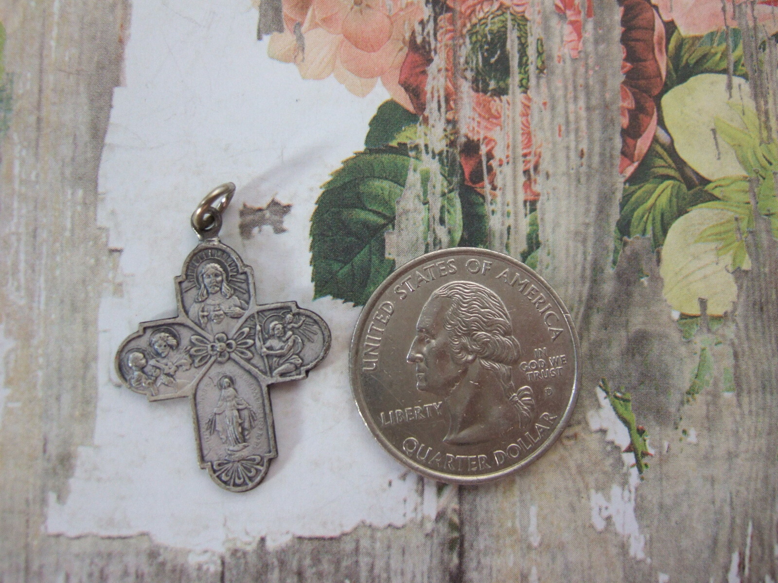 Vintage Antique Catholic Medal 4 WAY CRUCIFORM Multi Image silver finish 28mm