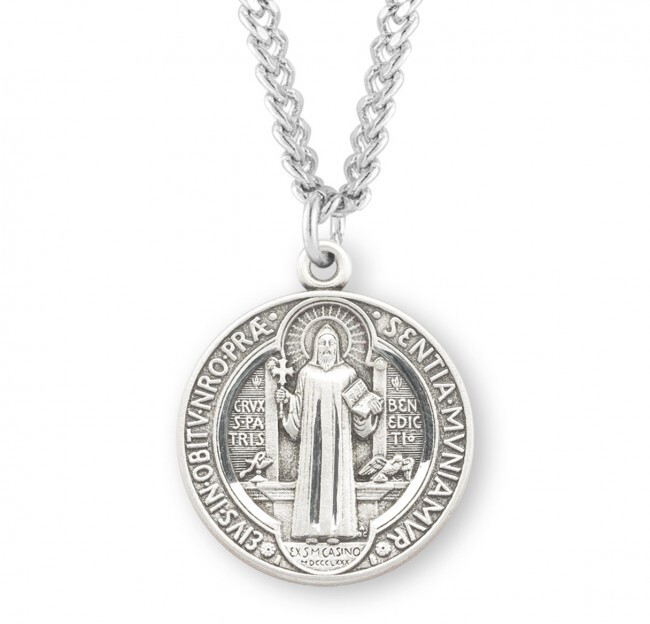 Medium Size 925 Sterling Silver Saint Benedict Pendant Medal Necklace With Chain