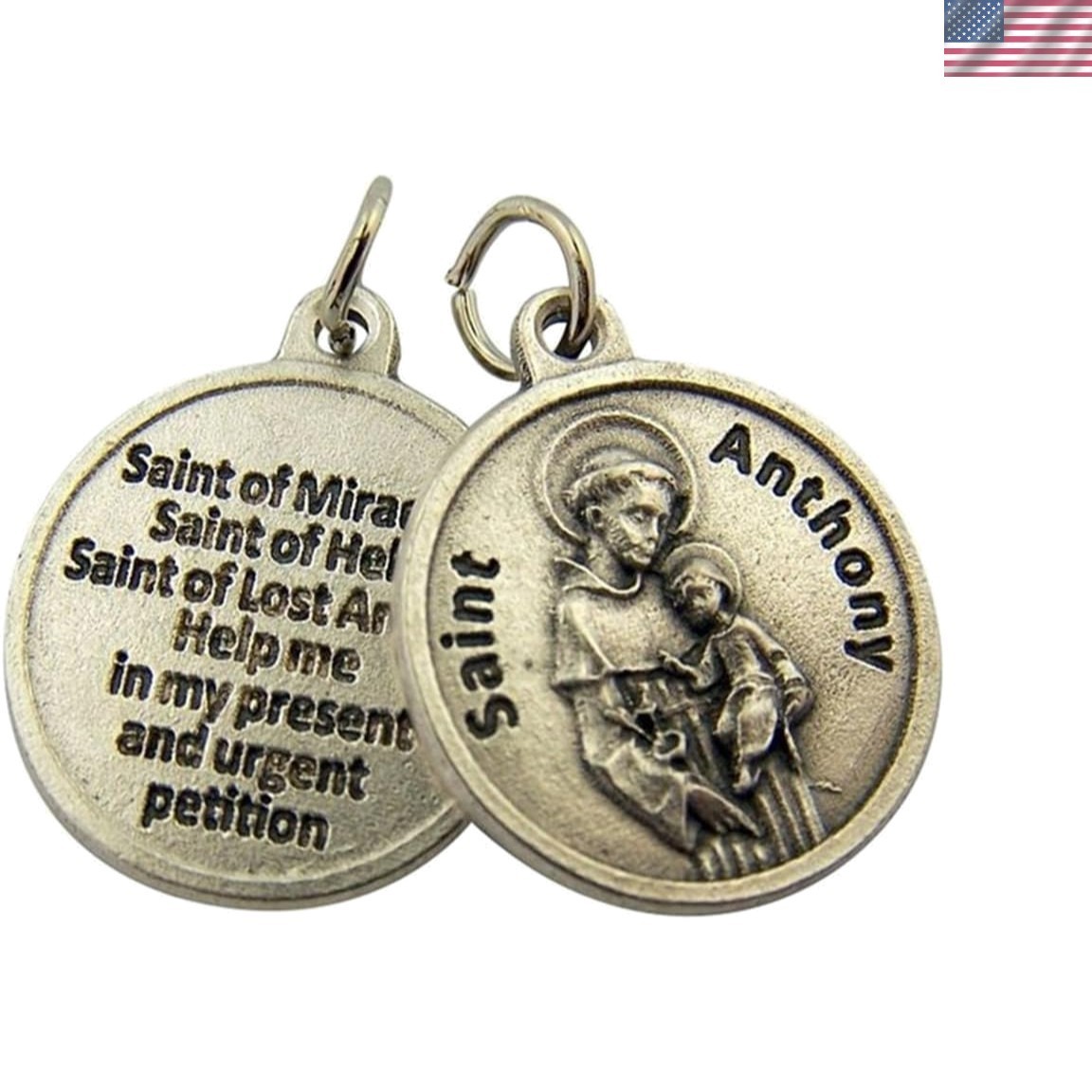 Silver Toned Base Catholic Saint Medal with Prayer Protection Pendant, 3/4 Inch