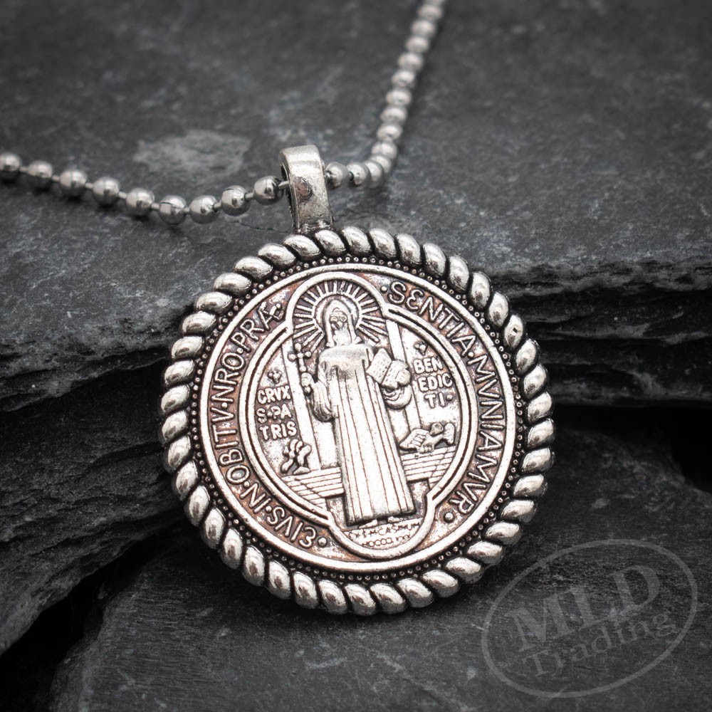 Saint Benedict Medal Necklace – Silver Tone Rope Border Pendant 24” Ball Chain