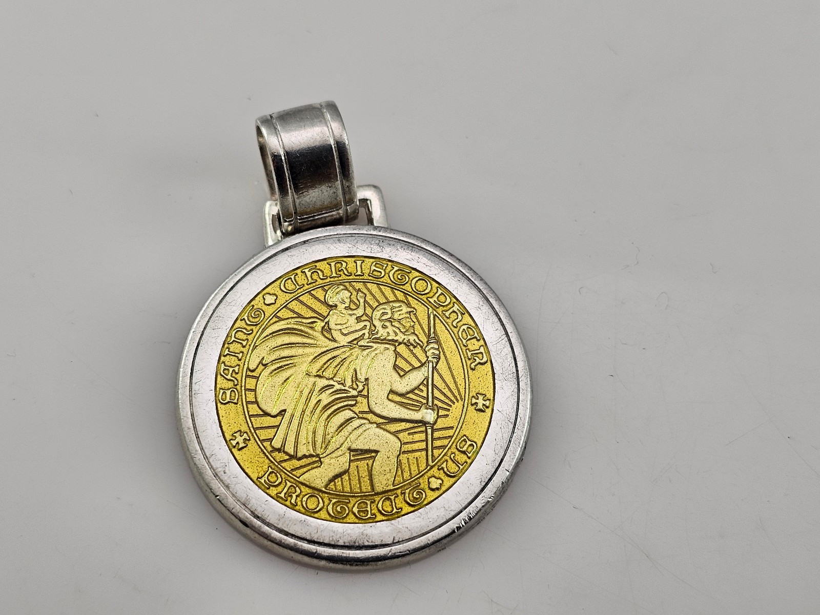 St Christopher Light Gold Enamel 925 Sterling Silver Medal Pendant 36mm
