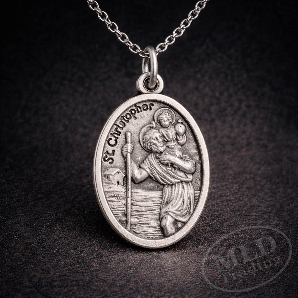Saint St Christopher Protect Us Oval Silver Medal Pendant Necklace 18″ Chain