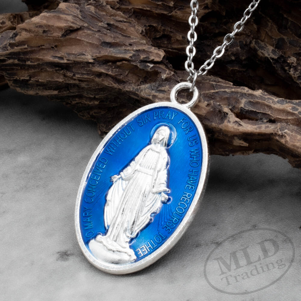 Stainless Steel Virgin Mary 1.6in Blue Miraculous Medal Pendant Necklace Womens