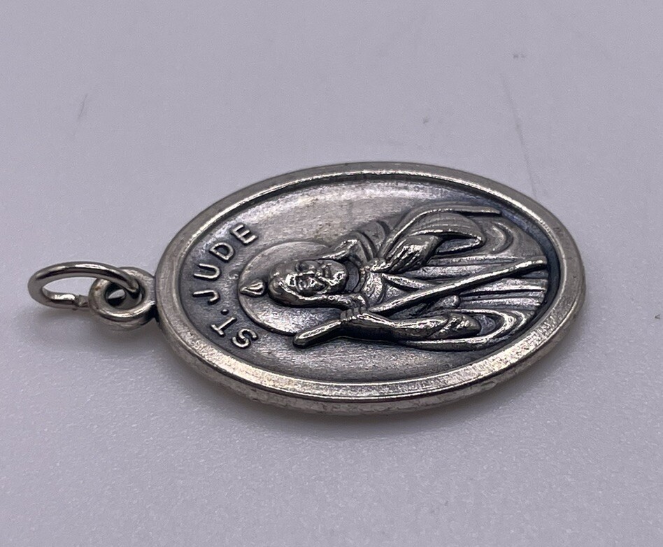 St Saint Jude Pray For Us Medal Pendant Italy Silver Tone Patron of Lost Causes