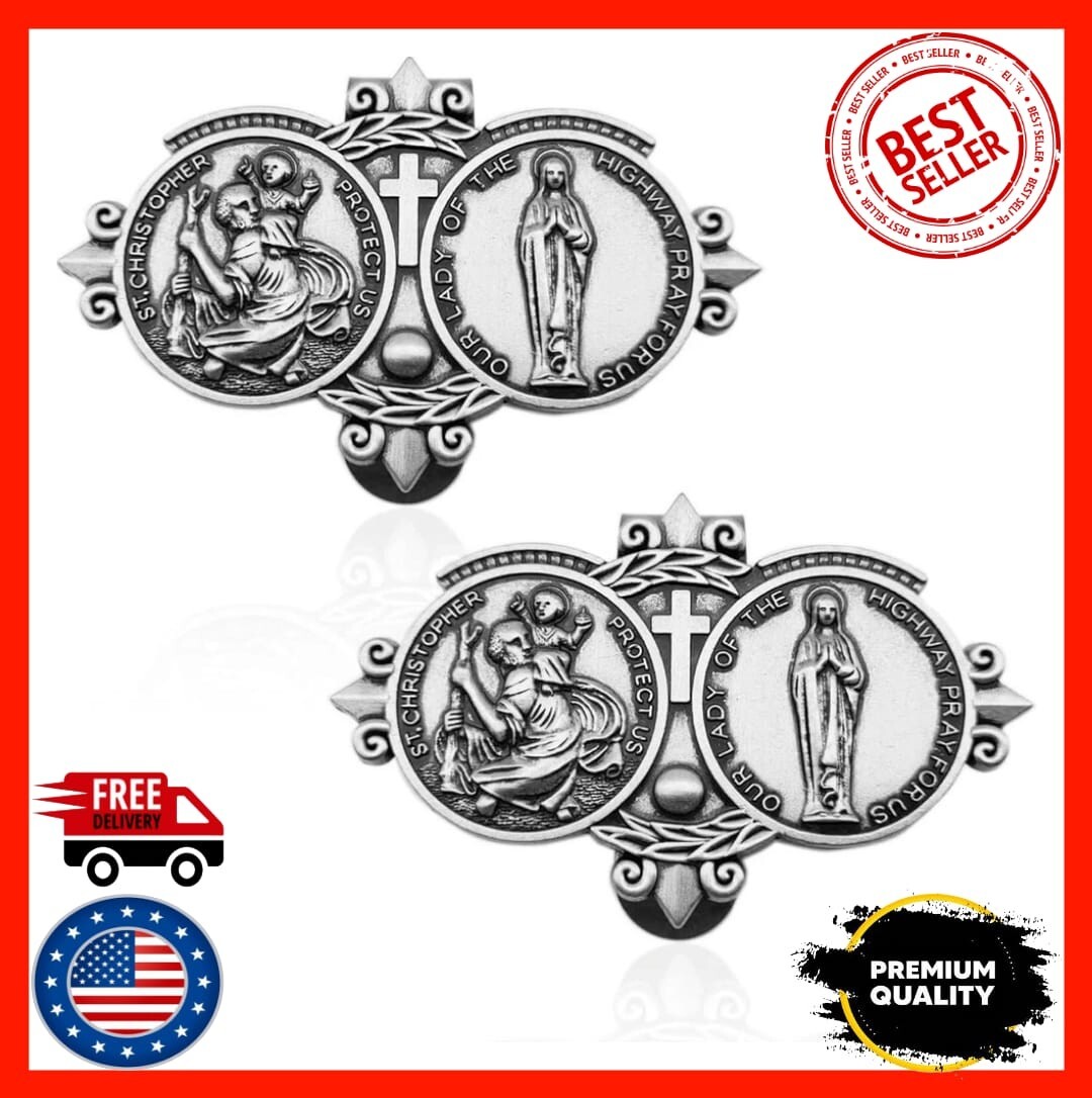 2 Pack St. Christopher Medal for Car Sun Visor Clip Decor Catholic Gift