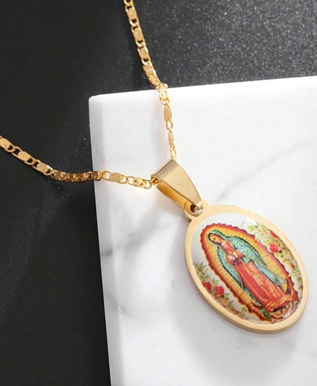Lady of Guadeloupe Virgin Gold Multi Pendant Oval Scapular Necklace Titanium SS