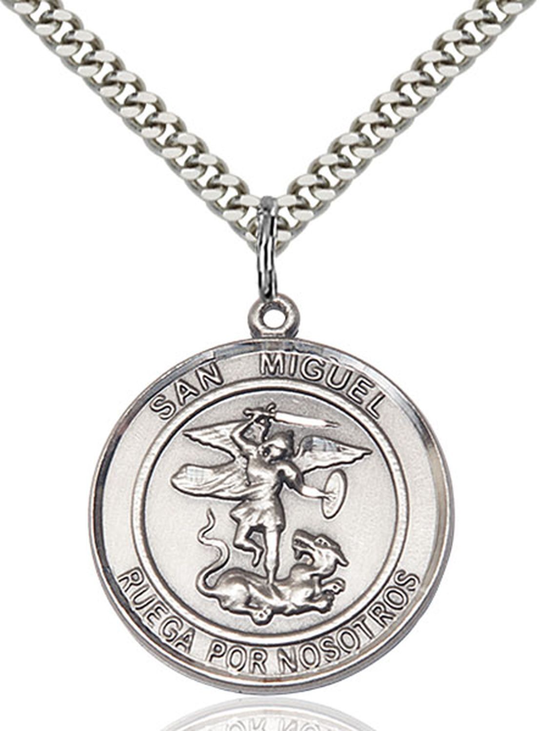 Pewter San Miguel Arcangel Catholic Medal Pendant Necklace 24″ Chain GiftBox