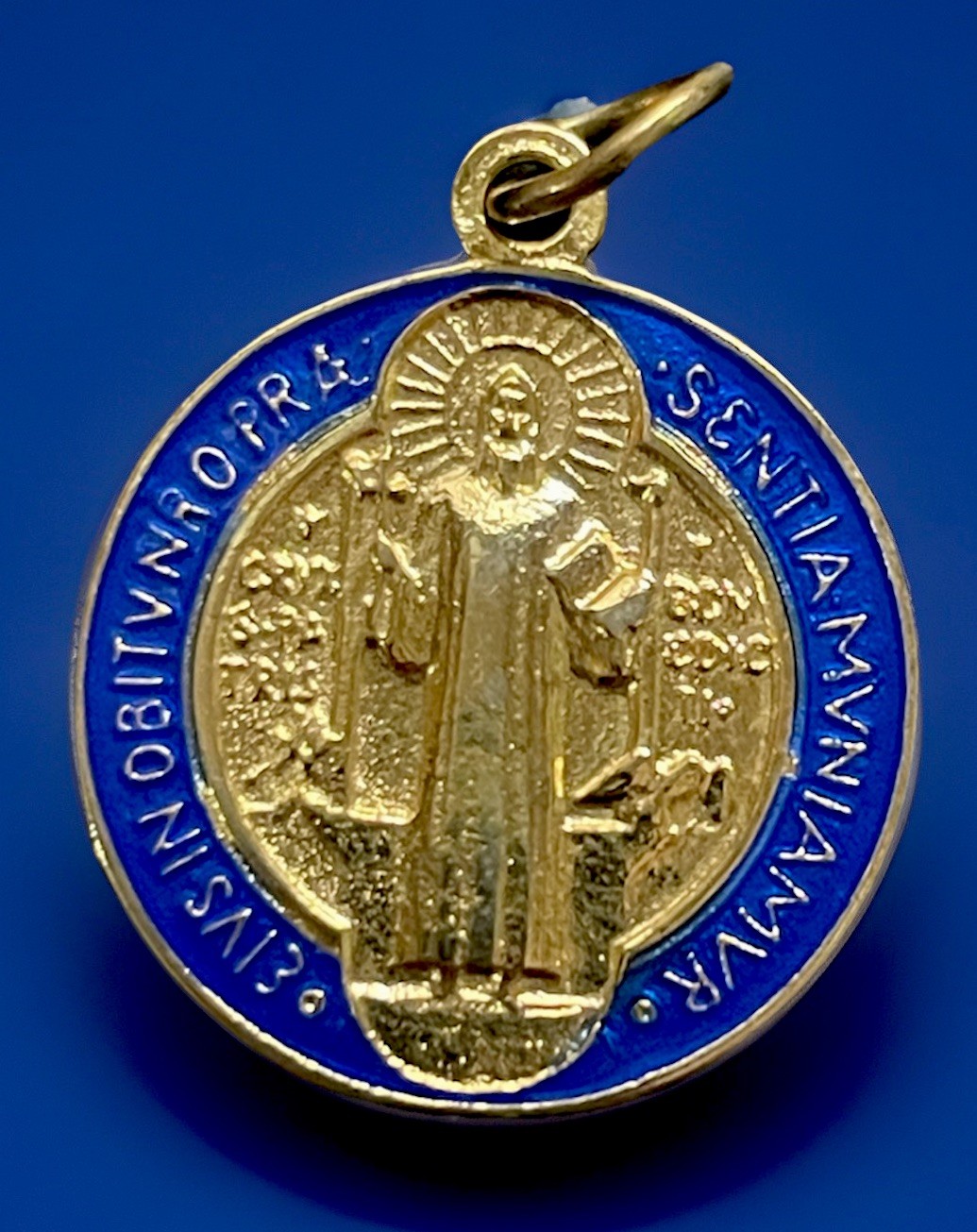 Vintage Catholic St Benedict Red & Blue Enamel Gold Tone Religious Medal
