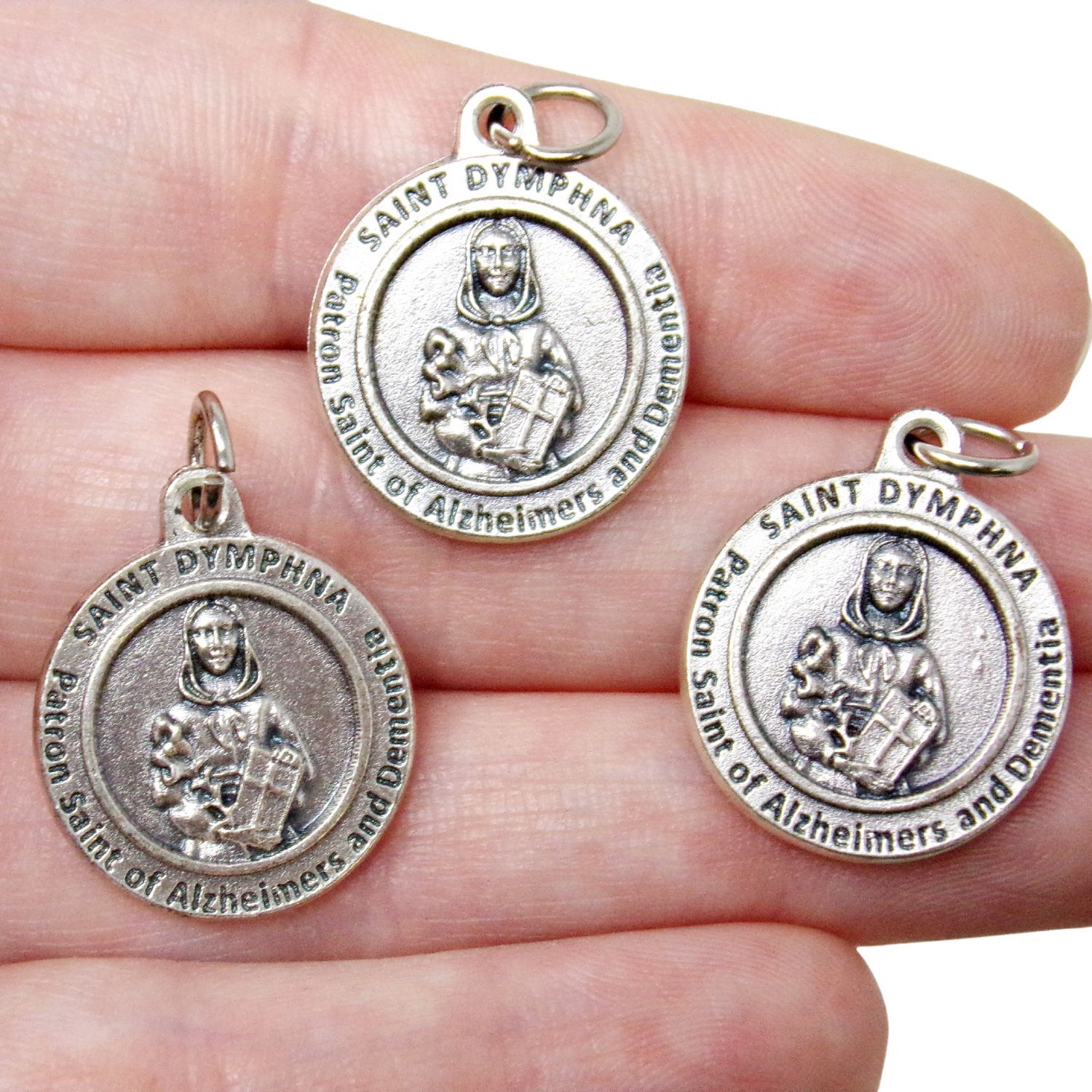 Patron St Saint Dymphna Round Silver Tone Medals Pendants for Rosary Parts 1 In