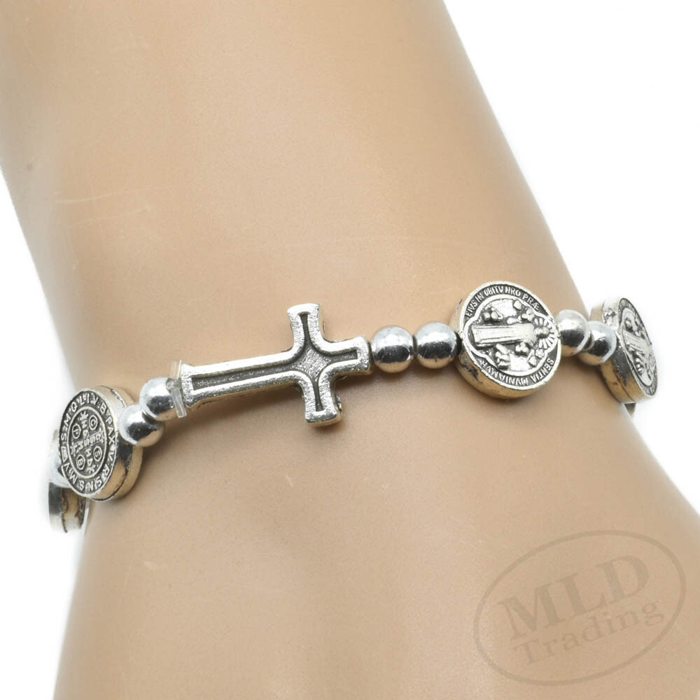 Silver Saint St Benedict Medal Cross Rosary Bracelet Pulsera De San Benito