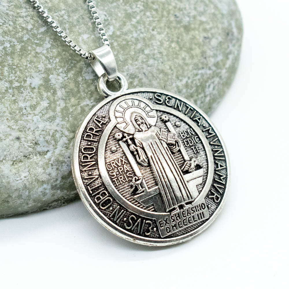 3D Saint St Benedict Medal Thick Pendant Necklace w 24″ Box Chain Silver Tone