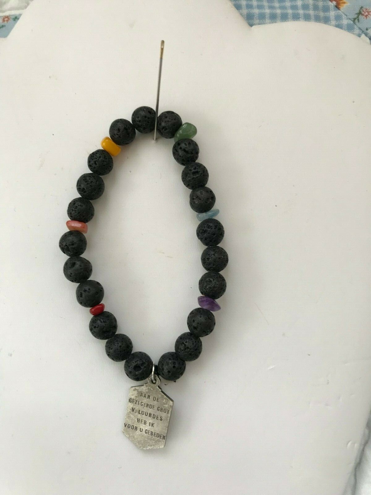 Natural Volcano Rock Multi Colored Gemstones Lourdes Holy Medal Bracelet