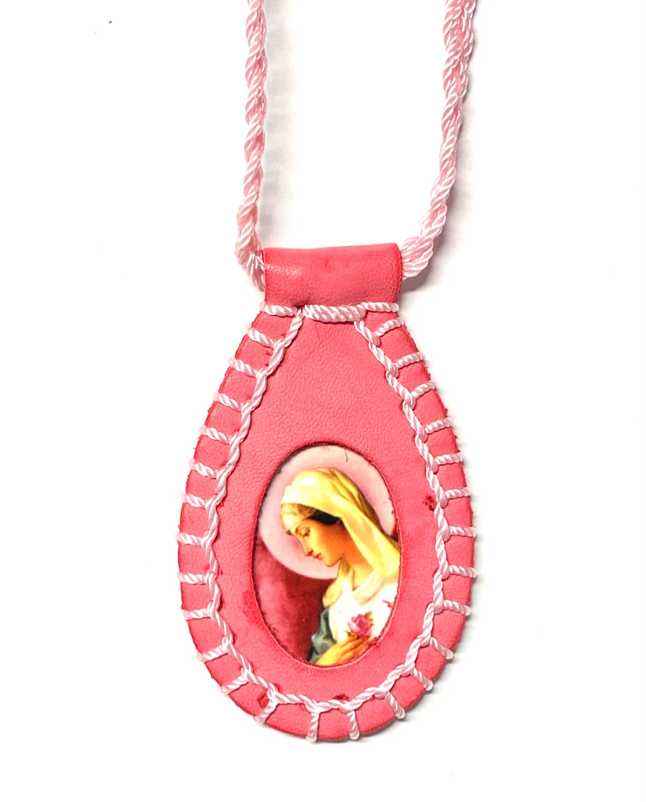 Mystical Rose Pink Leather Oval Scapular Necklace Escapulario Rosa Mistica