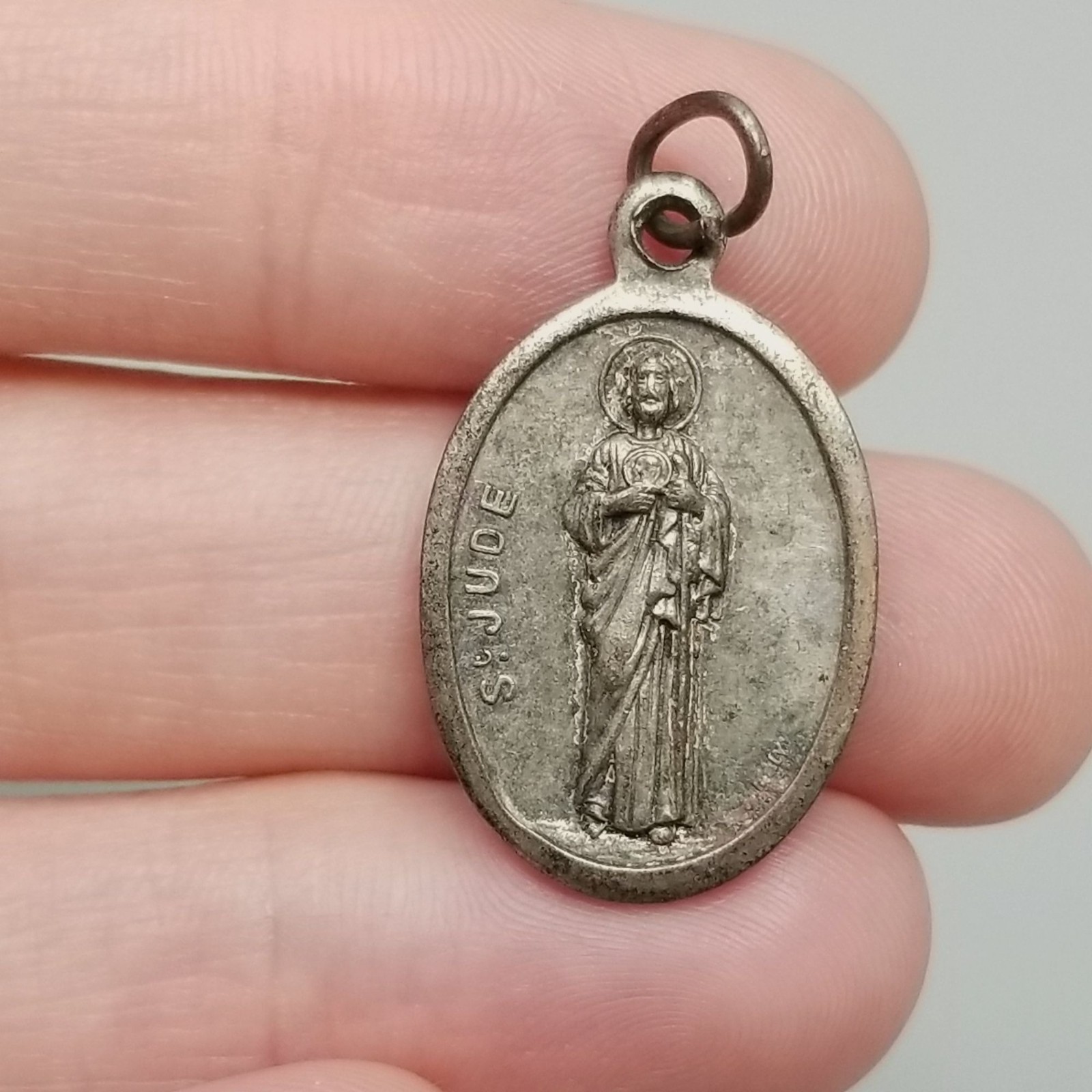 Vintage Saint St Jude Pray for Us Medal Pendant Charm Oval Silver Tone Italy